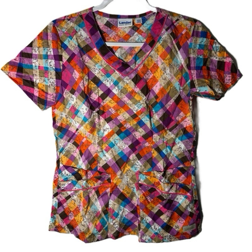 Landau V-Neck Colorful Checkered Geometric Patchwork Print Scrub Top XSM NWOT